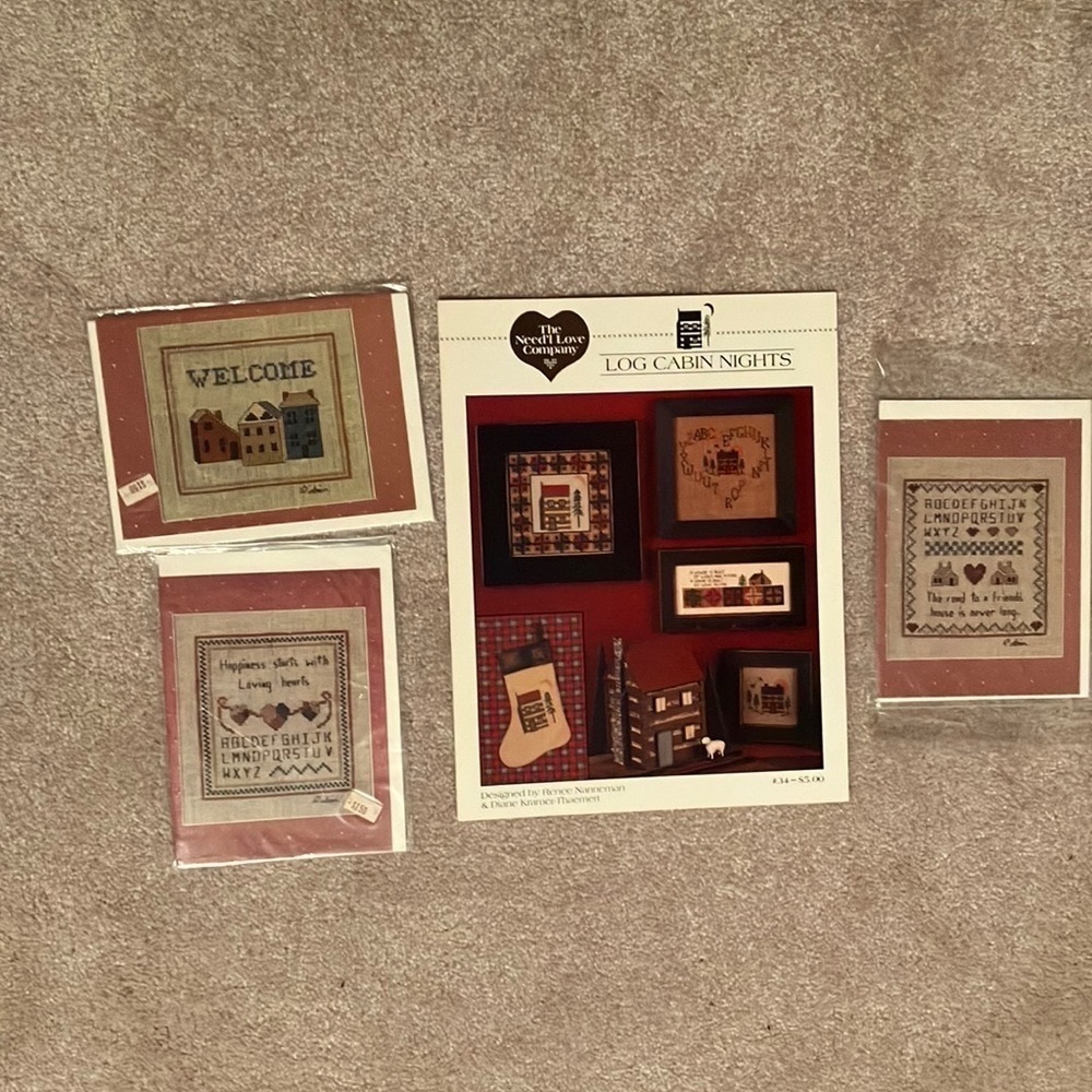 🧵Log Cabin Nights Cross Stitch plus 3 cards w/envelopes